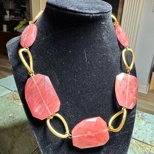 Chunky Coral Resin Statement Necklace – Gold Tone Links – Bold & Beautiful!
